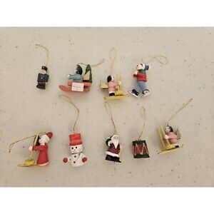 Set Of 9 Vintage Christmas Ornaments Painted Wood Vtg AS IS